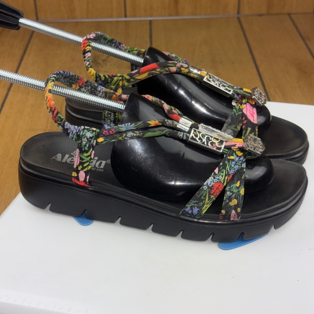Alegria Roz 7411 Women Floral Multi Strap Slingback Sandals Black Size 39 8-8.5